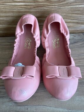 Pre-owned Ferragamo Bow Detail Elasticated Ballet Flats YW16191 size 8.5 C